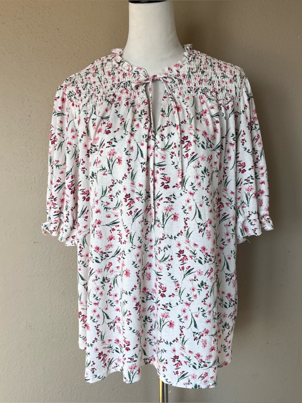 Melloday floral blouse short sleeve flowy 3x plus pink white peasant puff flower